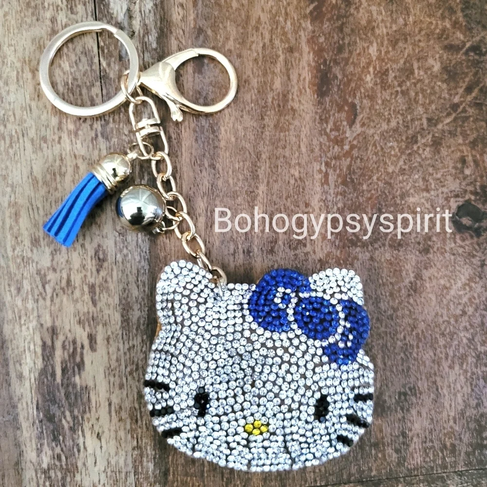 Hello Kitty Blue Bow Crystal Rhinestone Keychain Bag Charm With Tassel